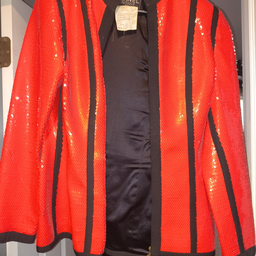 CHANEL Red Sequin Blazer with Black Accents